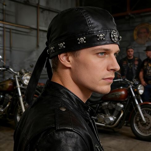 Leather Multi-Skull Cap - Black Lace-up Rider Skull Cap, Motorcycle Cap, Suitable for Everyday Wear and Street Style in Saudi Arabia
