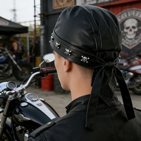 Leather Multi-Skull Cap - Black Lace-up Rider Skull Cap, Motorcycle Cap, Suitable for Everyday Wear and Street Style in Saudi Arabia