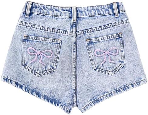 Nivne Tco Teen Girls High Waist Denim Shorts - Light Wash Bow Embroidery 5 Pocket Jean Shorts with Zipper & Button Closure in Saudi Arabia