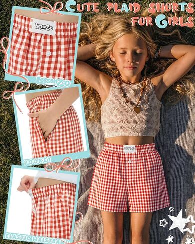 Girls Gingham Shorts Toddler Plaid Elastic Waist Kids Loose Casual Summer Baby Checkered Boxer Bottoms with Pockets in Saudi Arabia