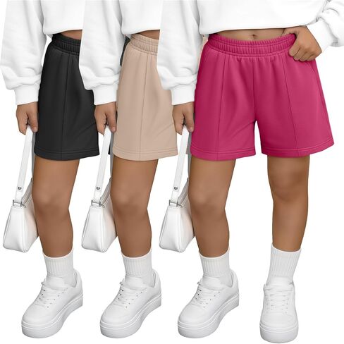 3 Pack Girls' Shorts Kids Wide Leg Athletic Sweat Shorts Elastic Waist Casual Summer Comfy Clothes with Pockets in Kuwait