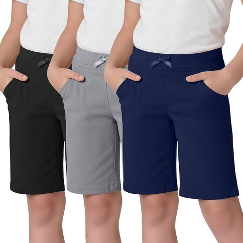 3 Pack Girls' Bermuda Shorts Ribbed Waistband Elastic Waist Casual Pants with Pockets Summer Clothes 5-14 Years in Kuwait