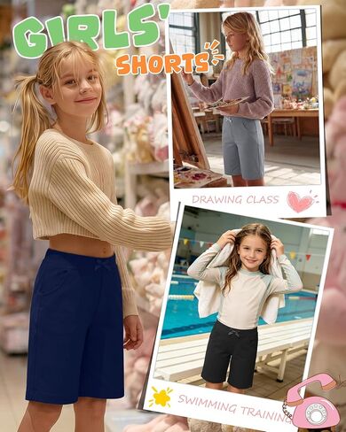 3 Pack Girls' Bermuda Shorts Ribbed Waistband Elastic Waist Casual Pants with Pockets Summer Clothes 5-14 Years in Kuwait