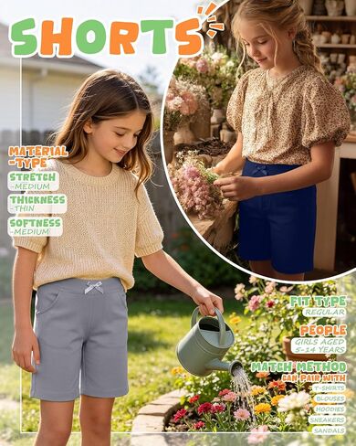 3 Pack Girls' Bermuda Shorts Ribbed Waistband Elastic Waist Casual Pants with Pockets Summer Clothes 5-14 Years in Kuwait