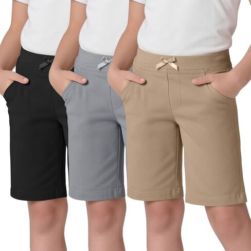 3 Pack Girls' Bermuda Shorts Ribbed Waistband Elastic Waist Casual Pants with Pockets Summer Clothes 5-14 Years in Kuwait