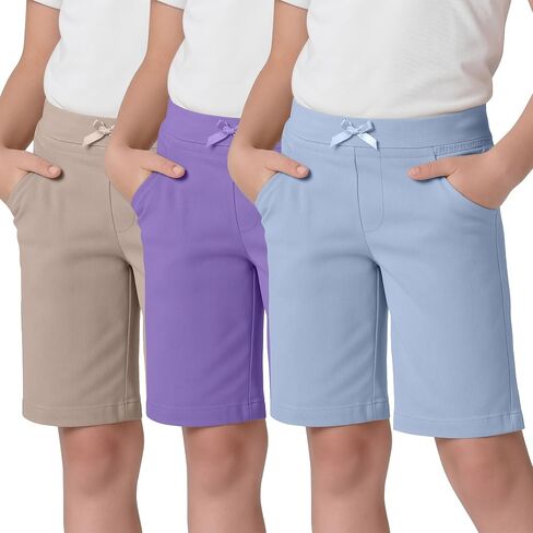 3 Pack Girls' Bermuda Shorts Ribbed Waistband Elastic Waist Casual Pants with Pockets Summer Clothes 5-14 Years in Kuwait