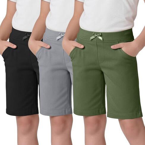 3 Pack Girls' Bermuda Shorts Ribbed Waistband Elastic Waist Casual Pants with Pockets Summer Clothes 5-14 Years in Kuwait