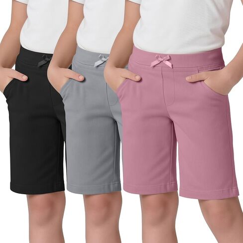 3 Pack Girls' Bermuda Shorts Ribbed Waistband Elastic Waist Casual Pants with Pockets Summer Clothes 5-14 Years in Kuwait