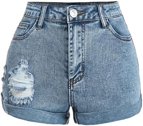 Nivne Tco Teen Girls Denim Shorts - High Waist Rolled Hem Ripped Design Button & Zipper Fly Jean Shorts with 5 Pockets in Kuwait