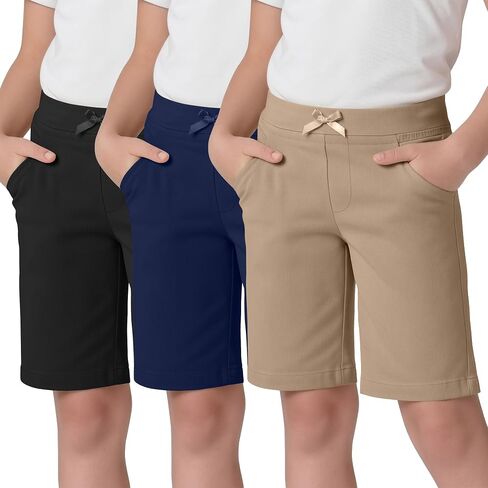 3 Pack Girls' Bermuda Shorts Ribbed Waistband Elastic Waist Casual Pants with Pockets Summer Clothes 5-14 Years in Kuwait