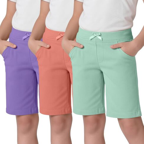 3 Pack Girls' Bermuda Shorts Ribbed Waistband Elastic Waist Casual Pants with Pockets Summer Clothes 5-14 Years in Kuwait