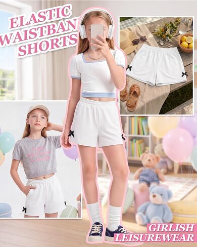 Yooo's Vivi Girl's Sweat Shorts Kids Summer Athletic Casual Shorts with Pockets Youth Comfy Elastic Waist Bow 7-16 Years in Saudi Arabia
