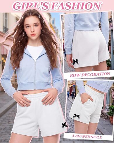 Yooo's Vivi Girl's Sweat Shorts Kids Summer Athletic Casual Shorts with Pockets Youth Comfy Elastic Waist Bow 7-16 Years in Saudi Arabia