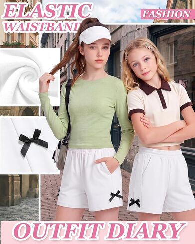 Yooo's Vivi Girl's Sweat Shorts Kids Summer Athletic Casual Shorts with Pockets Youth Comfy Elastic Waist Bow 7-16 Years in Saudi Arabia