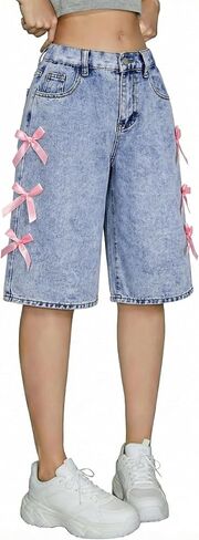 Girls Jean Shorts Baggy Straight Leg Bermuda Denim Shorts Jorts Elastic Waist Cute Bow Summer Y2K Streetwear 13Y-16Y in Saudi Arabia