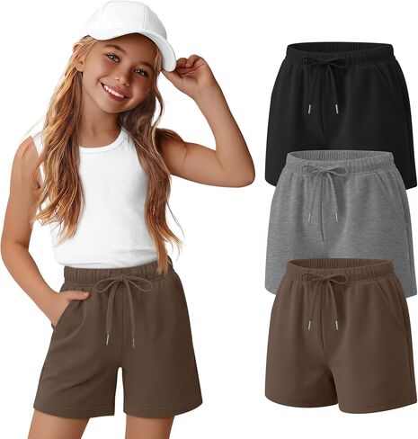 3 Pack Girls' Shorts Loose Wide Leg Short Pants Summer Athletic Casual Pull on SweatShorts with Pockets 5-14 Years in Saudi Arabia