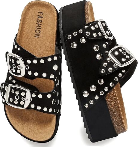 Women's Platform Sandals With Cork Footbed Suede Studded Sandals Adjustable Double Buckle Wide Widths Walking Chunky Sandals for Summer Shoes Fashion Thick Soled Mules Slides Beach Footwear in Saudi Arabia