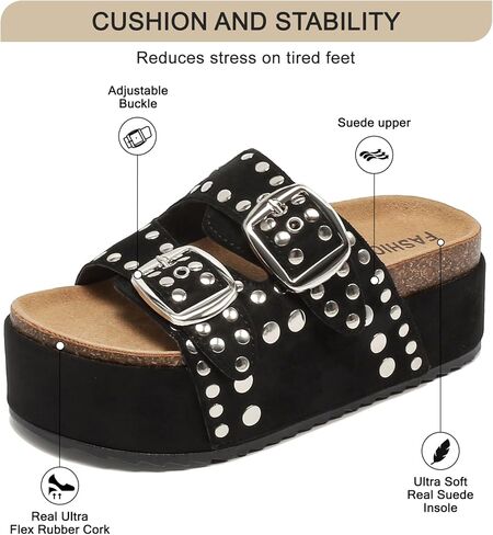 Women's Platform Sandals With Cork Footbed Suede Studded Sandals Adjustable Double Buckle Wide Widths Walking Chunky Sandals for Summer Shoes Fashion Thick Soled Mules Slides Beach Footwear in Saudi Arabia