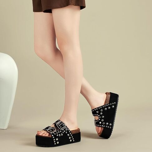 Women's Platform Sandals With Cork Footbed Suede Studded Sandals Adjustable Double Buckle Wide Widths Walking Chunky Sandals for Summer Shoes Fashion Thick Soled Mules Slides Beach Footwear in Saudi Arabia