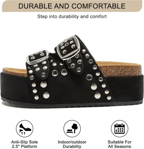 Women's Platform Sandals With Cork Footbed Suede Studded Sandals Adjustable Double Buckle Wide Widths Walking Chunky Sandals for Summer Shoes Fashion Thick Soled Mules Slides Beach Footwear in Saudi Arabia