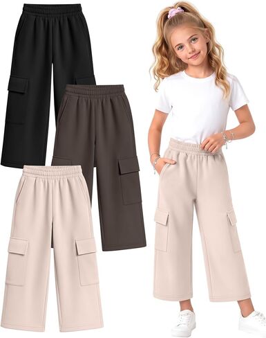 Halfchet 3 Pack Girls Cropped Cargo Pants with Pockets, Baggy 3/4 Length Long Shorts Summer Capri Sweatpants for Kids 5-14Y in Kuwait