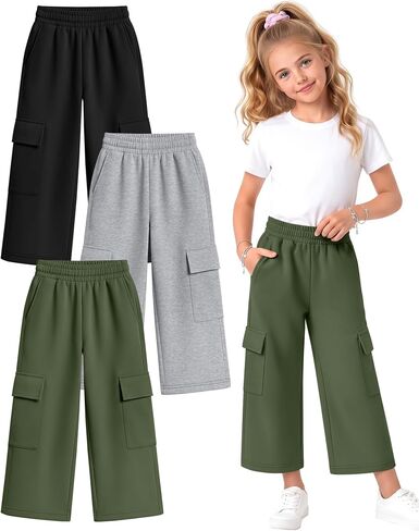 Halfchet 3 Pack Girls Cropped Cargo Pants with Pockets, Baggy 3/4 Length Long Shorts Summer Capri Sweatpants for Kids 5-14Y in Saudi Arabia