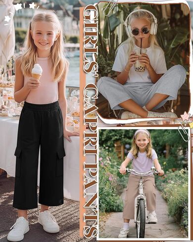 Halfchet 3 Pack Girls Cropped Cargo Pants with Pockets, Baggy 3/4 Length Long Shorts Summer Capri Sweatpants for Kids 5-14Y in Saudi Arabia