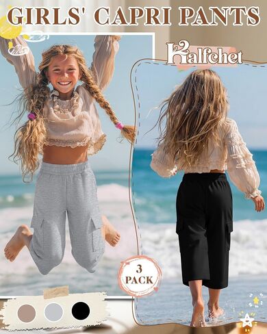 Halfchet 3 Pack Girls Cropped Cargo Pants with Pockets, Baggy 3/4 Length Long Shorts Summer Capri Sweatpants for Kids 5-14Y in Saudi Arabia