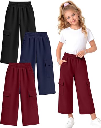 Halfchet 3 Pack Girls Cropped Cargo Pants with Pockets, Baggy 3/4 Length Long Shorts Summer Capri Sweatpants for Kids 5-14Y in Saudi Arabia