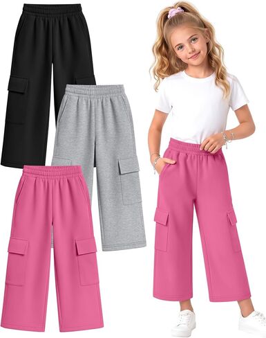 Halfchet 3 Pack Girls Cropped Cargo Pants with Pockets, Baggy 3/4 Length Long Shorts Summer Capri Sweatpants for Kids 5-14Y in Saudi Arabia