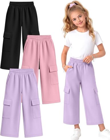 Halfchet 3 Pack Girls Cropped Cargo Pants with Pockets, Baggy 3/4 Length Long Shorts Summer Capri Sweatpants for Kids 5-14Y in Saudi Arabia