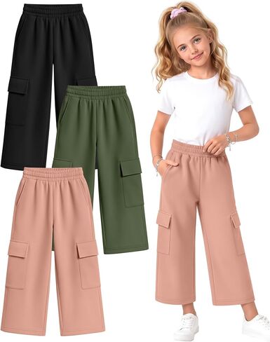 Halfchet 3 Pack Girls Cropped Cargo Pants with Pockets, Baggy 3/4 Length Long Shorts Summer Capri Sweatpants for Kids 5-14Y in Saudi Arabia