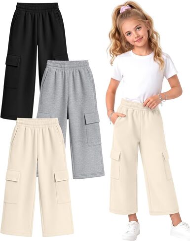 Halfchet 3 Pack Girls Cropped Cargo Pants with Pockets, Baggy 3/4 Length Long Shorts Summer Capri Sweatpants for Kids 5-14Y in Saudi Arabia