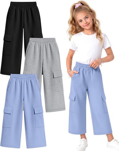 Halfchet 3 Pack Girls Cropped Cargo Pants with Pockets, Baggy 3/4 Length Long Shorts Summer Capri Sweatpants for Kids 5-14Y in Saudi Arabia