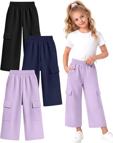 Halfchet 3 Pack Girls Cropped Cargo Pants with Pockets, Baggy 3/4 Length Long Shorts Summer Capri Sweatpants for Kids 5-14Y in Saudi Arabia