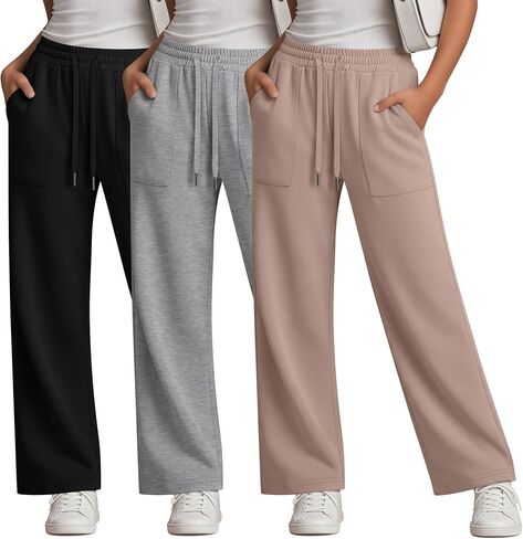 3 Pack Girls Sweatpants Straight Leg Drawstring Athletic Pants Kid Active Open Bottom Casual Jogger with Pockets in Kuwait