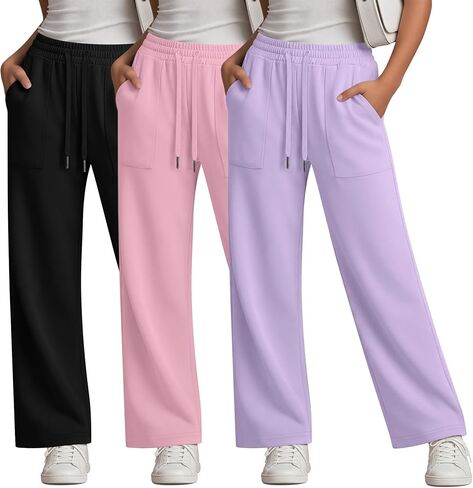 3 Pack Girls Sweatpants Straight Leg Drawstring Athletic Pants Kid Active Open Bottom Casual Jogger with Pockets in Saudi Arabia