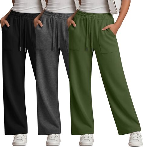 3 Pack Girls Sweatpants Straight Leg Drawstring Athletic Pants Kid Active Open Bottom Casual Jogger with Pockets in Saudi Arabia