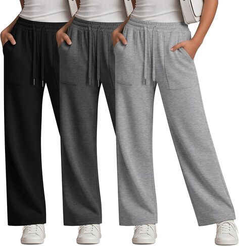 3 Pack Girls Sweatpants Straight Leg Drawstring Athletic Pants Kid Active Open Bottom Casual Jogger with Pockets in Saudi Arabia