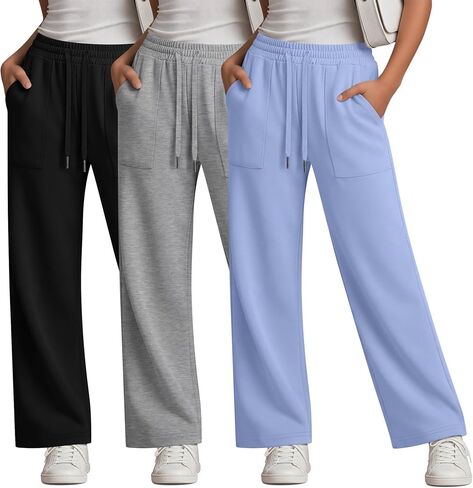 3 Pack Girls Sweatpants Straight Leg Drawstring Athletic Pants Kid Active Open Bottom Casual Jogger with Pockets in Saudi Arabia