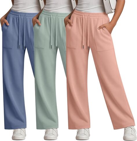 3 Pack Girls Sweatpants Straight Leg Drawstring Athletic Pants Kid Active Open Bottom Casual Jogger with Pockets in Saudi Arabia