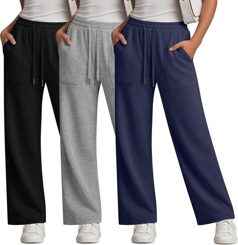3 Pack Girls Sweatpants Straight Leg Drawstring Athletic Pants Kid Active Open Bottom Casual Jogger with Pockets in Saudi Arabia