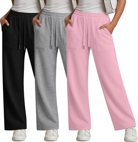 3 Pack Girls Sweatpants Straight Leg Drawstring Athletic Pants Kid Active Open Bottom Casual Jogger with Pockets in Saudi Arabia