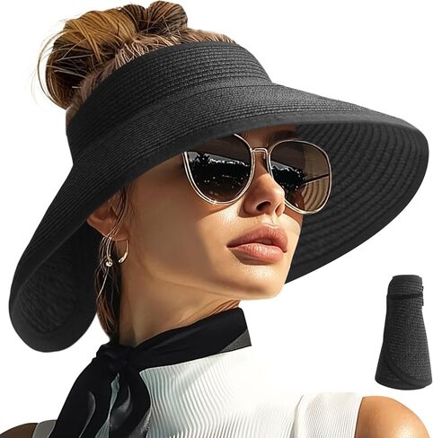 PFFY Sun Visors Hats for Women Wide Brim Straw Visor Packable Foldable Ponytail Travel Beach Hat Vacation Essentials in Saudi Arabia