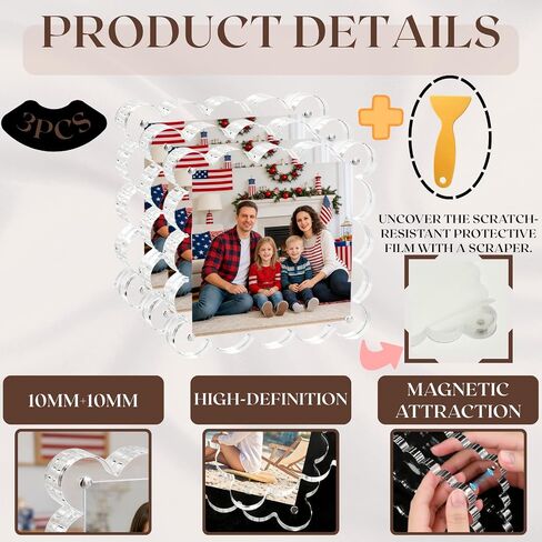 إطارات صور أكريليك صدفي 4 × 4، 3 عبوات إطار صور مغناطيسي 10+10 مم كتلة سميكة شفافة بدون إطار مغناطيس على الوجهين إطار صور صدفي قائم بذاته مع أداة لعرض سطح المكتب المنزلي والمكتب in Kuwait