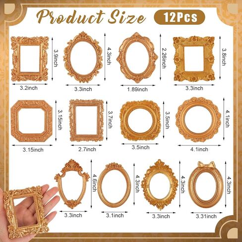 12 Pcs Mini Gold Magnetic Picture Frames, 3-5 inch Small Vintage Photo Frames for Refrigerator with Accessories for Wall Decor DIY Fridge Magnet Craft Jewelry Display Creative Gift in Saudi Arabia