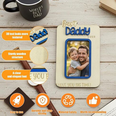 Daddy Wooden Magnetic Photo Frame, Best Daddy Ever Fridge Magnet Display, Fathers Day Birthday Gifts, Magnet Photo Frame for Refrigerator Locker (Fit 2" x 3" Photo) in Saudi Arabia