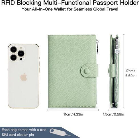 محفظة حامل جواز السفر من الجلد الطبيعي RFID، منظم وثائق السفر متعدد الوظائف مع جيب بسحاب، تتضمن دبوس إخراج بطاقة SIM (أزرق) in Kuwait