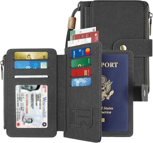Likesing RFID Blocking Passport Book Holder, Leather Passport Holder for Women/Men, Cute Travel Wallets with Card ＆ SIM Slots, Photo Pocket, Zippered Coin Cash Pocket Passports Cover(Black in Kuwait