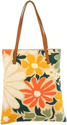 COTT N CURLS Doodle Floral Tote Bag for Women - 26x15 Flower Purses for Women, Watercolor Printed Canvas and Leather, Casual Summer Purse, Summer Handbags, Cute Gifts for Mom, Sister, Friend, Aunt in Saudi Arabia